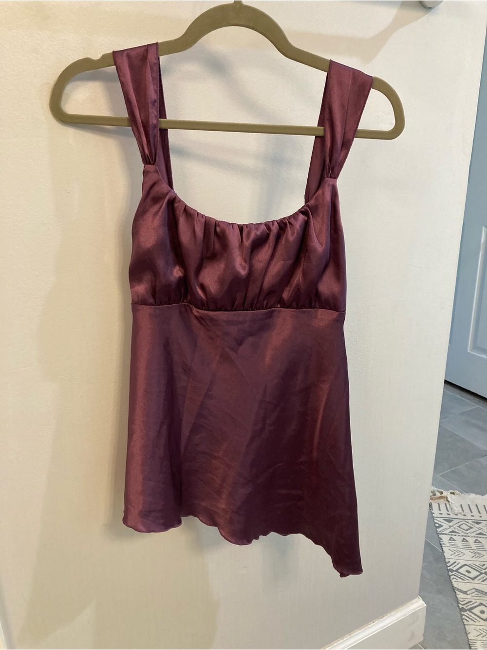 Self Esteem Y2K Purple Satin Retro Babydoll Asymmetrical Waist Sleeveless Blouse